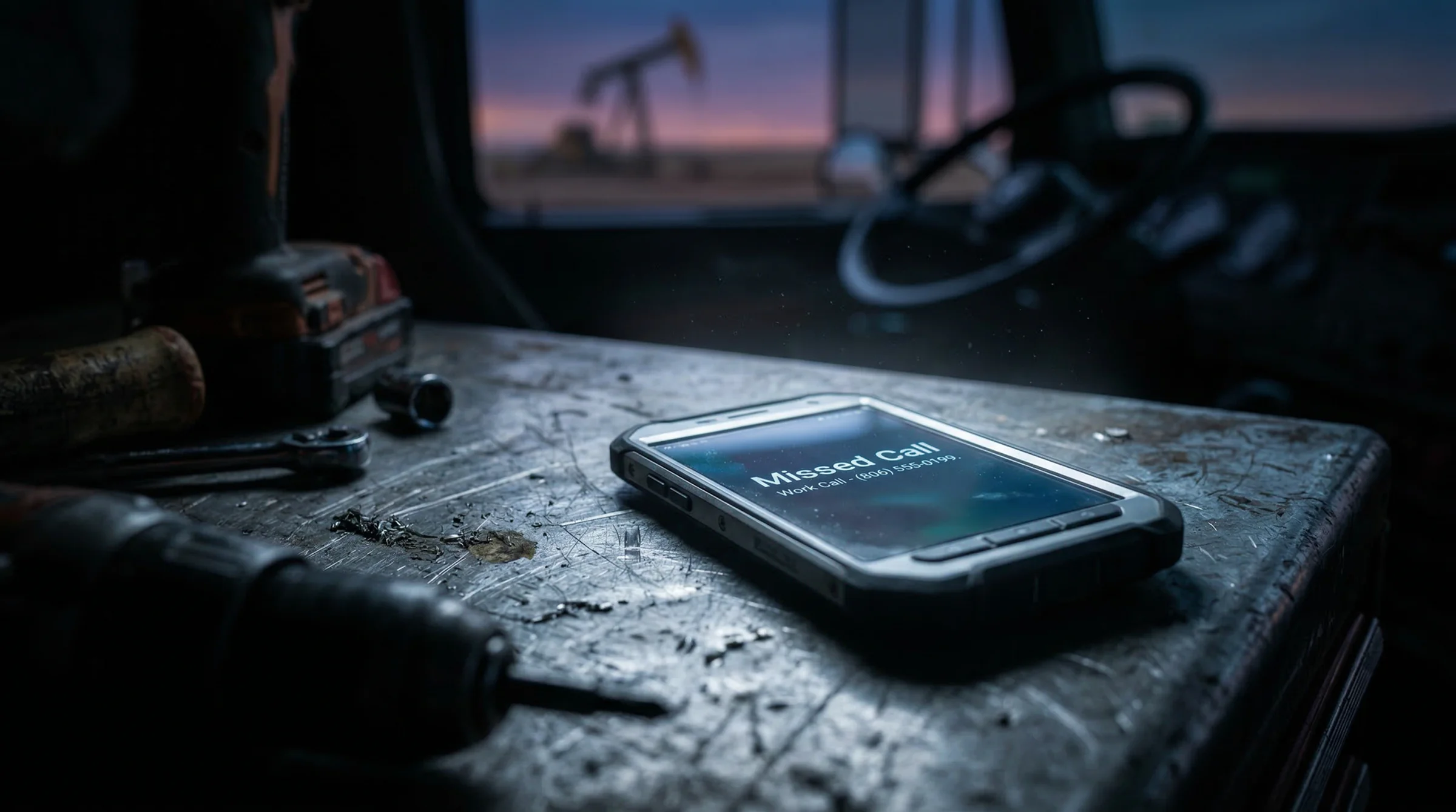 Rugged phone showing missed call on a workbench; oil derrick in the distance. The cost of missed calls in the field.